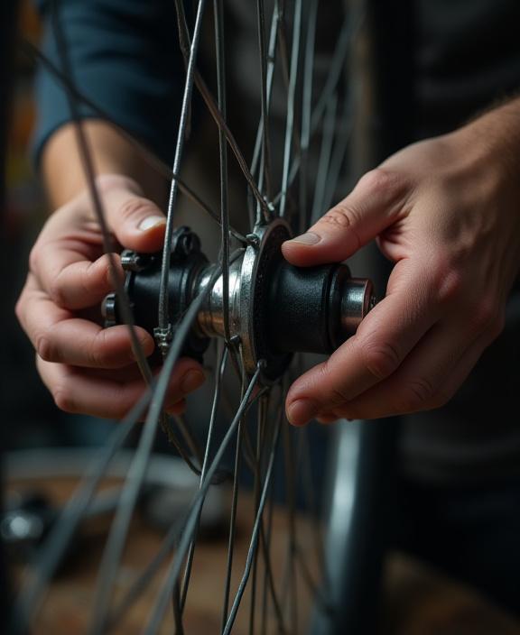 Primo piano delle mani di un meccanico che assembla una ruota da bicicletta