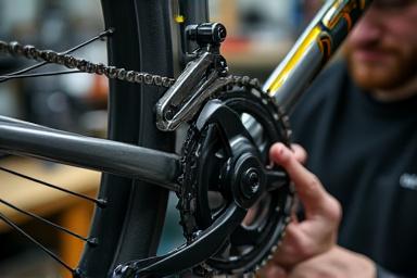 Meccanico che lavora con precisione su un cambio di bicicletta